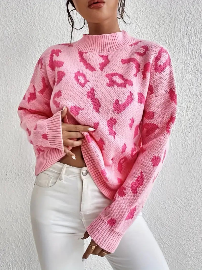Damenpullover mit Leopardenmuster und Rundhalsausschnitt aus warmem Strick | Ideal für Herbst und Winter