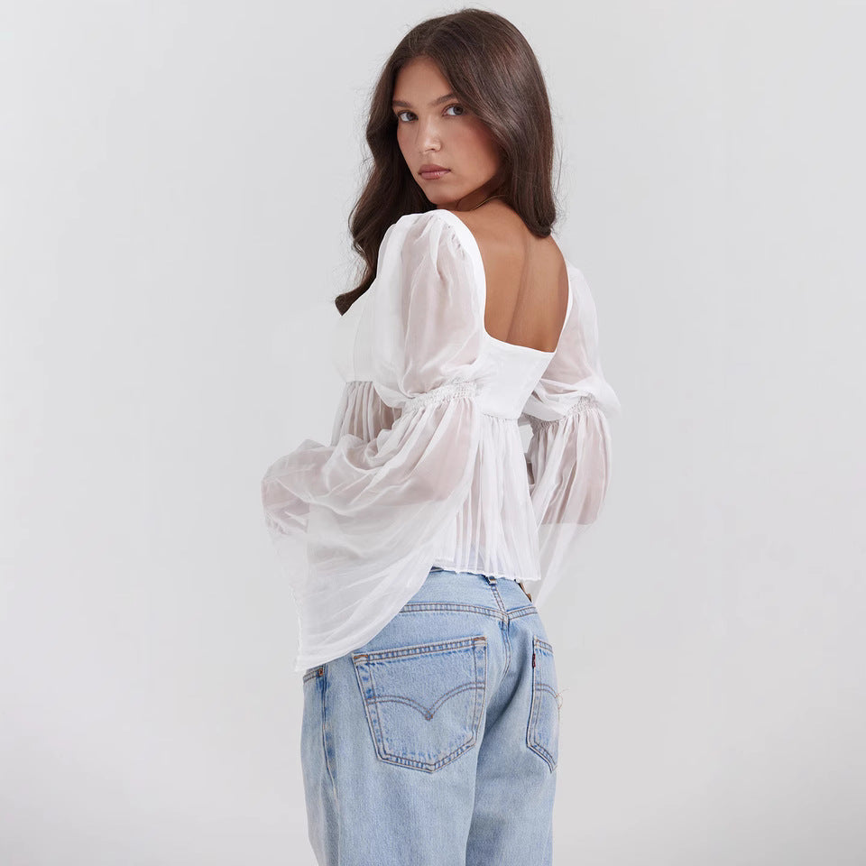 Damen Chiffon Oberteil mit transparenten langen Ärmeln und eckigem Ausschnitt | Perfekt für Frühling und Sommer