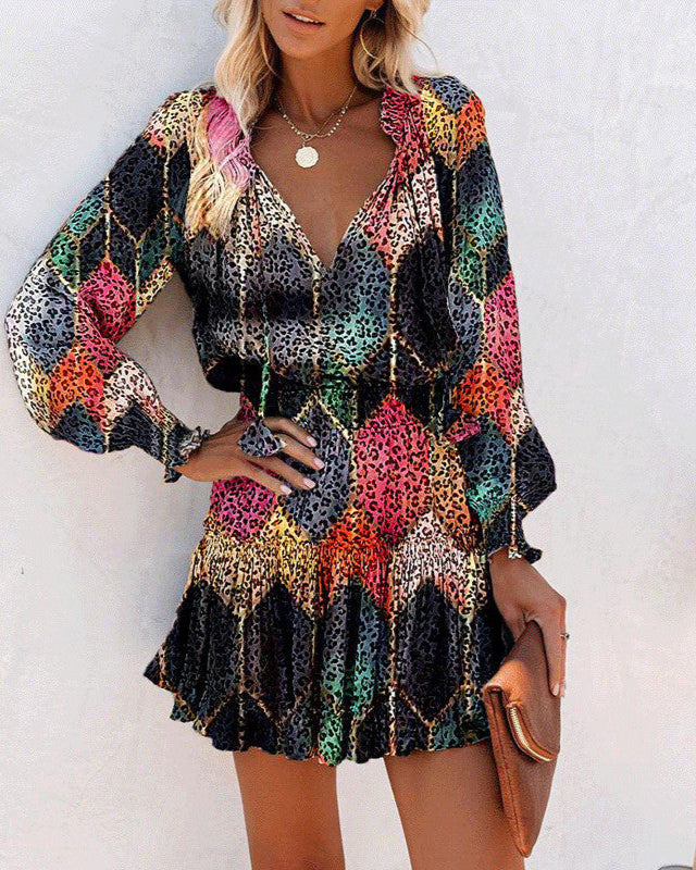 Kleid mit Blumenmuster, Patchwork und Puffärmeln, Tailliert mit Langarm | Ideal für Frühling und Herbst