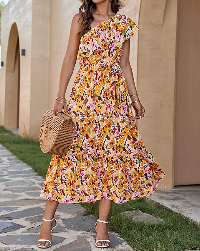 Ärmelloses Boho-Kleid mit asymmetrischer Schulter, hoher Taille und floralem Muster | Ideal für Frühling und Sommer