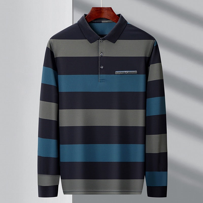 Herren Colorblock Gestreiftes Langarm-Lapel-T-Shirt – Ideal für Frühling und Herbst