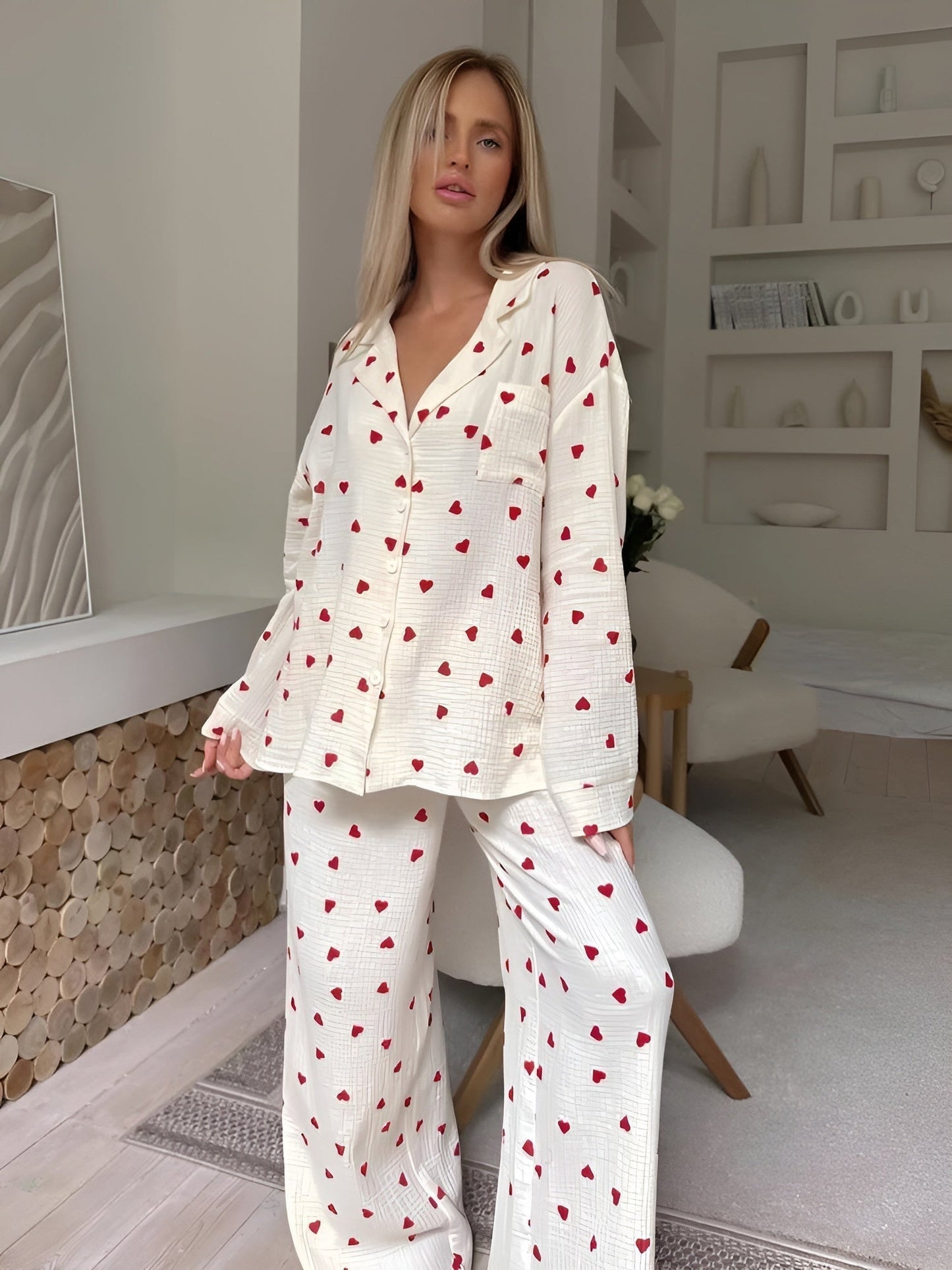 Damen Herz-Pyjama Set – Elegant für Frühling & Sommer