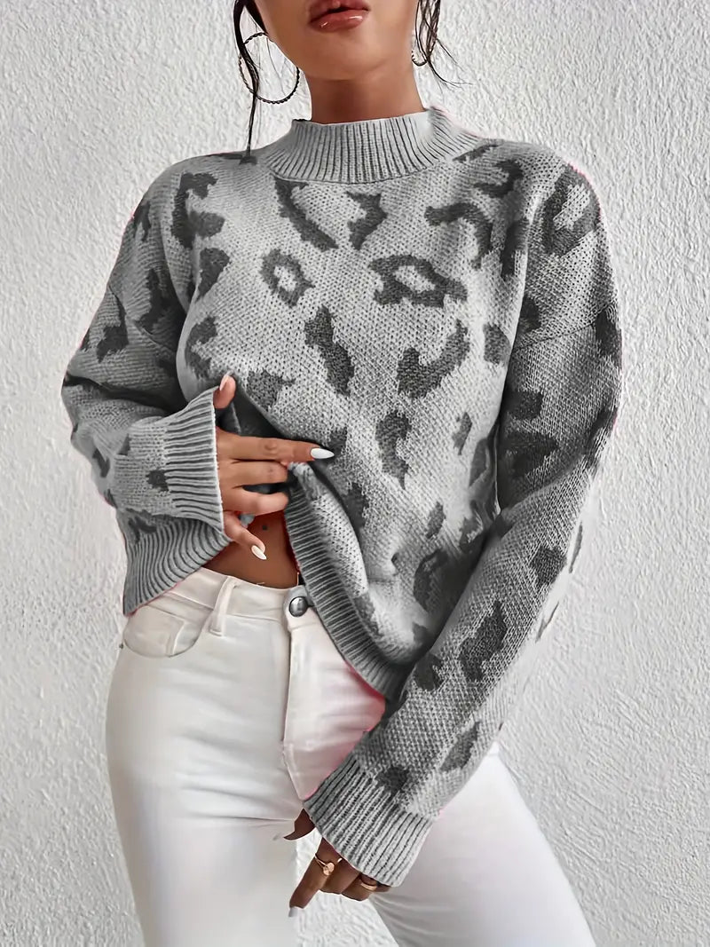 Damenpullover mit Leopardenmuster und Rundhalsausschnitt aus warmem Strick | Ideal für Herbst und Winter