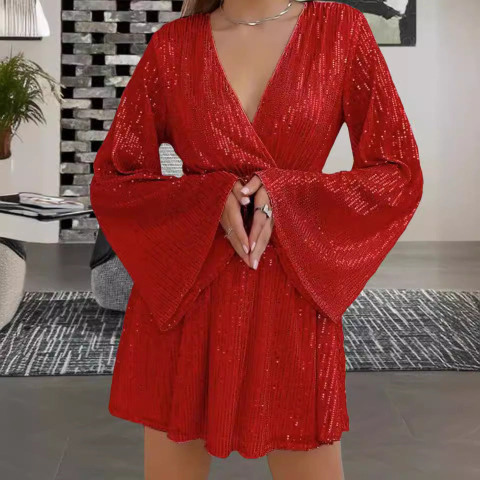 V-Ausschnitt Pailletten-Tailliertes Abendkleid mit Glockenärmeln | Ideal für Frühling und Herbst