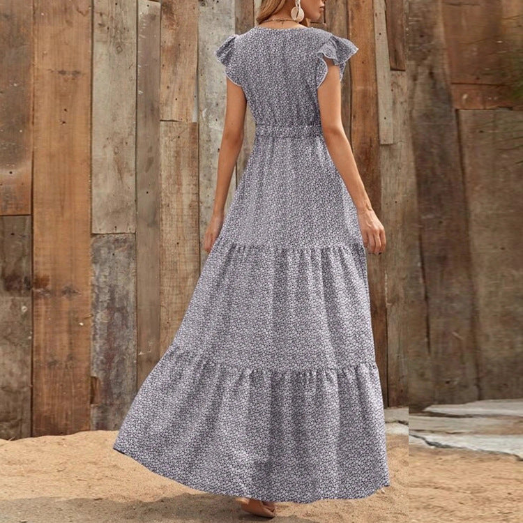Boho-Kleid mit V-Ausschnitt, floralem Muster und kurzen Ärmeln | Ideal für den Sommer
