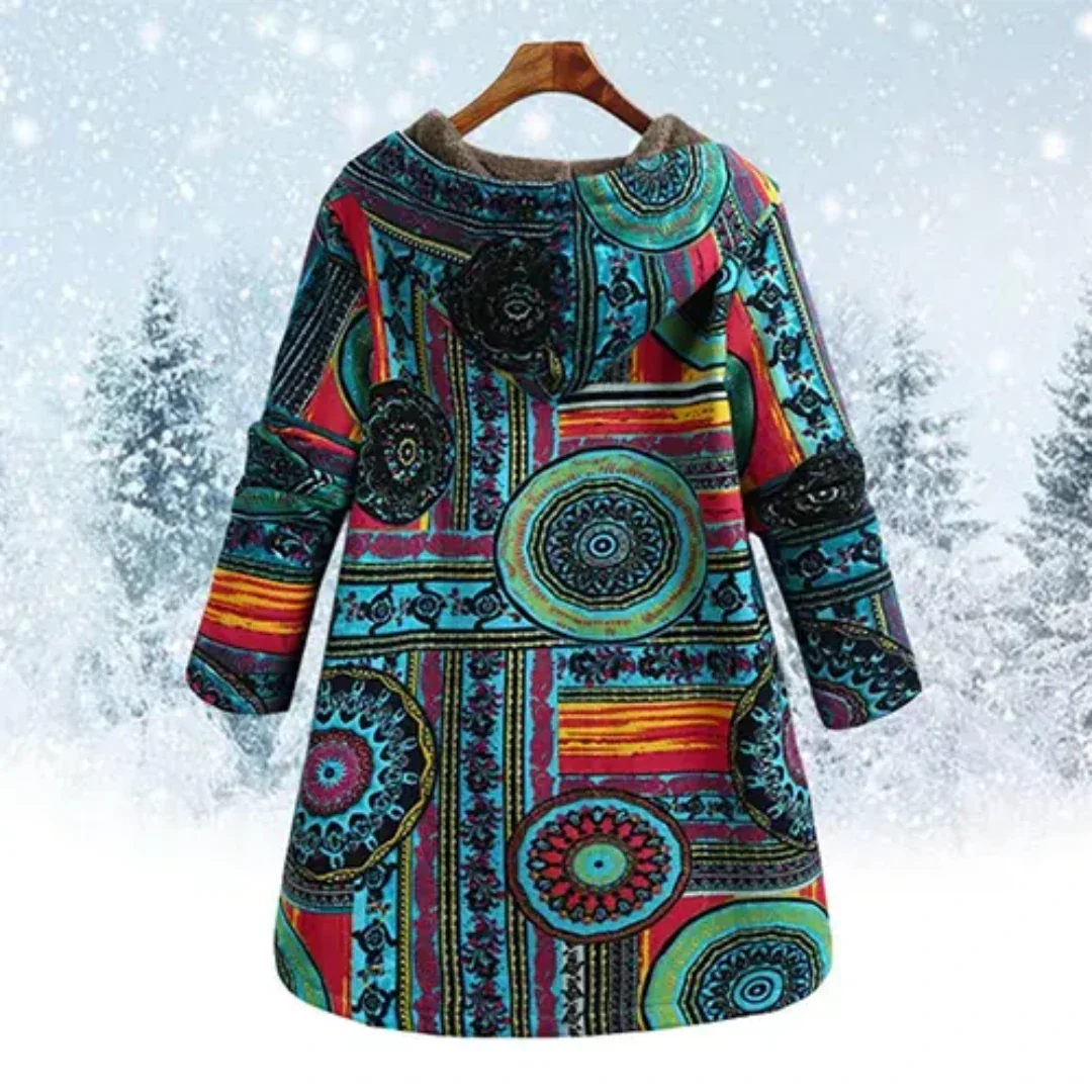 Lange Winterjacke mit Kapuze und grafischem Muster | Ideal für den Winter
