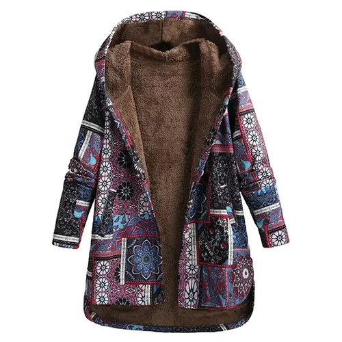 Lange Winterjacke mit Kapuze und grafischem Muster | Ideal für den Winter