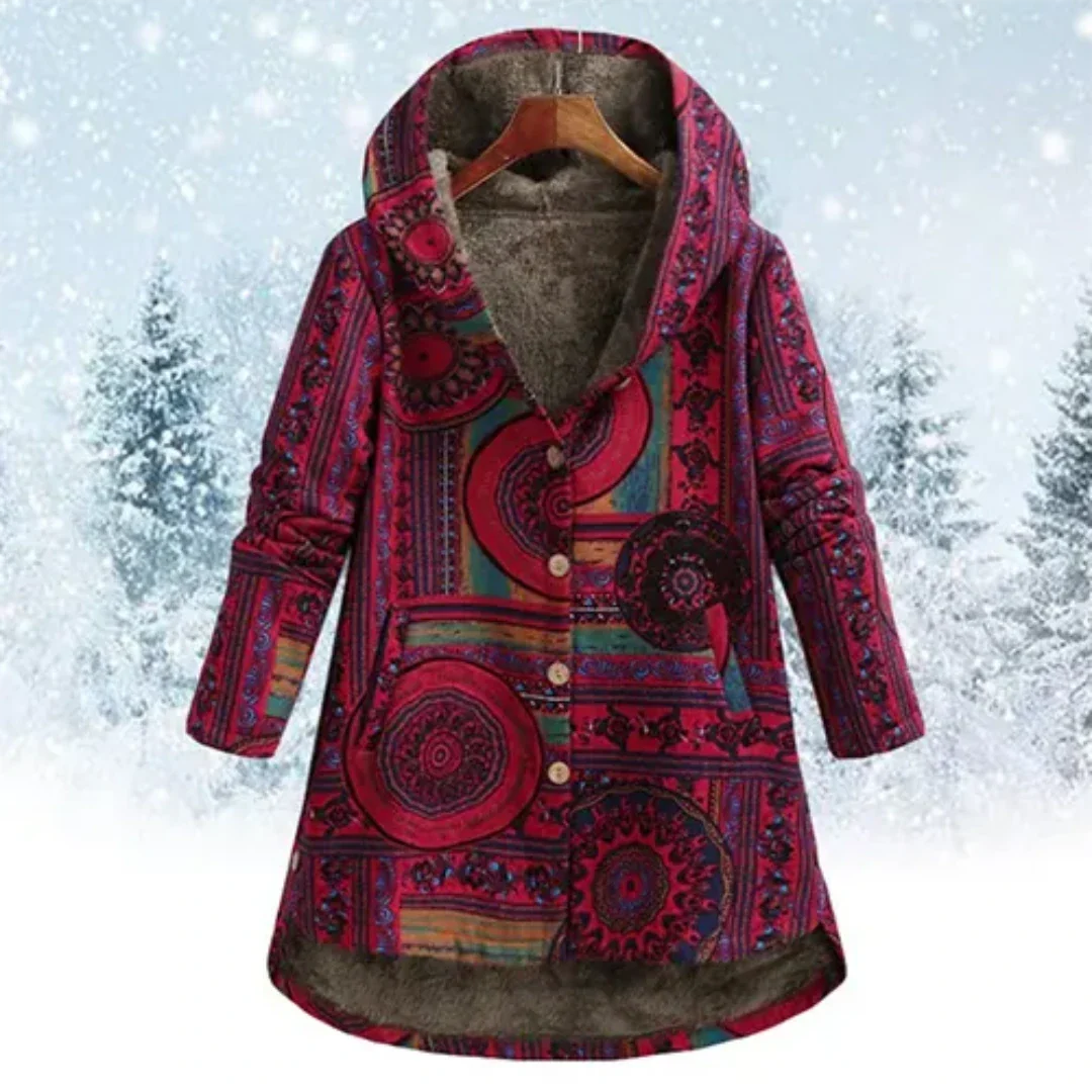 Lange Winterjacke mit Kapuze und grafischem Muster | Ideal für den Winter
