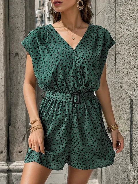 V-Ausschnitt Bedruckter Gurt-Jumpsuit mit Leichtem Stoff – Ideal für Sommer