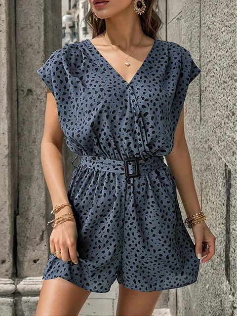V-Ausschnitt Bedruckter Gurt-Jumpsuit mit Leichtem Stoff – Ideal für Sommer