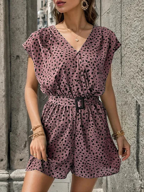 V-Ausschnitt Bedruckter Gurt-Jumpsuit mit Leichtem Stoff – Ideal für Sommer