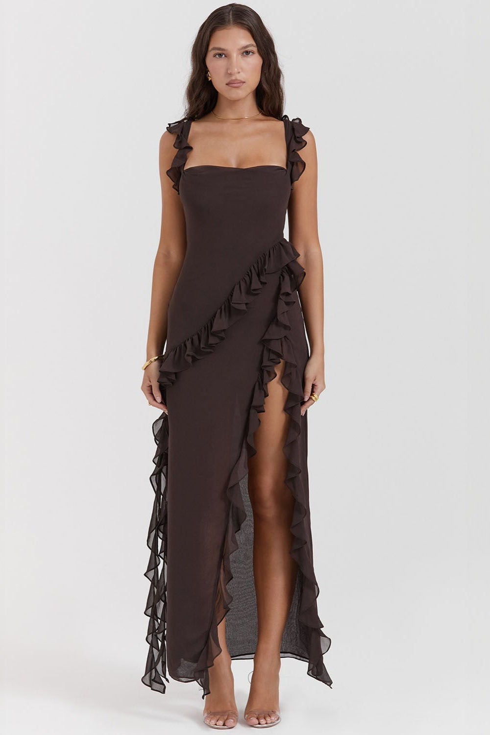 Langes Rüschenkleid mit Frontschlitz | Ideal für Frühling und Sommer