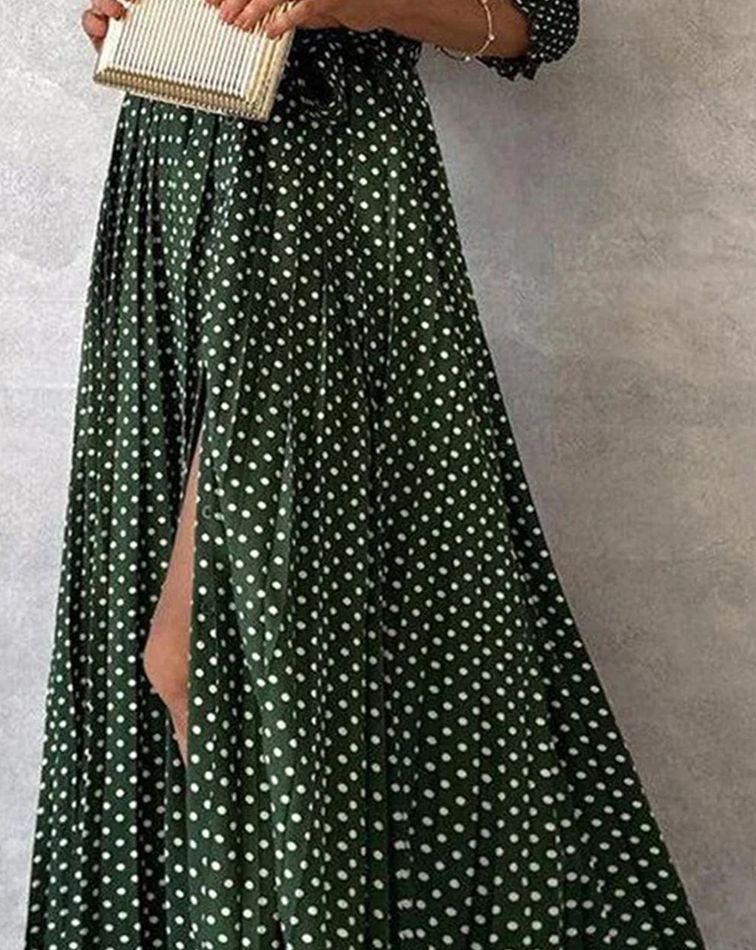 Grünes gepunktetes Maxikleid mit Hemdkragen und ausgestelltem Saum - Ideal für Frühling und Sommer