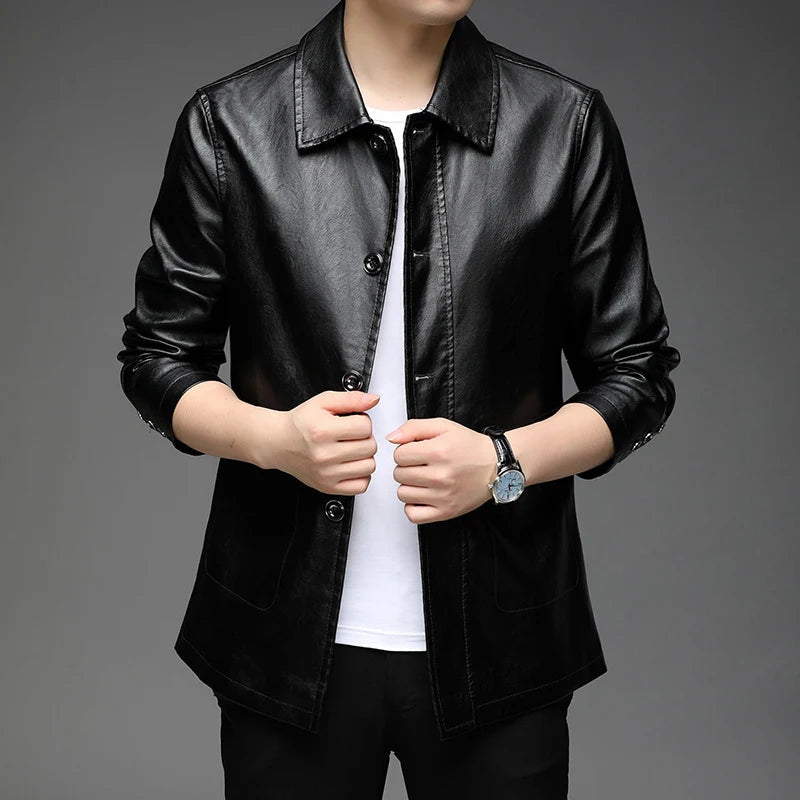 Herren Slim Fit Kunstlederjacke mit Hemdkragen & Knopfleiste – Ideal für Herbst & Winter