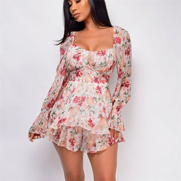 Blumiger, Rückenfreier Jumpsuit mit langen Ärmeln – Sommer und Frühlingsmode