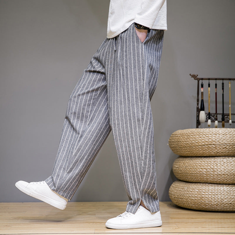 Herren Gestreifte Baumwoll-Leinenhose mit Kordelzug – Ideal für Frühling und Herbst