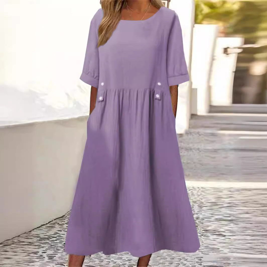 Baumwoll-Leinen-Mix Sommerkleid, Midilänge, Rundhalsausschnitt, Atmungsaktiv - Ideal für Frühling und Sommer