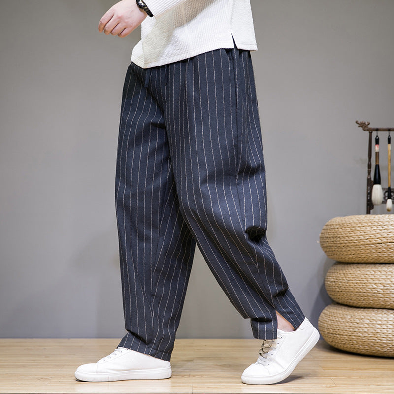 Herren Gestreifte Baumwoll-Leinenhose mit Kordelzug – Ideal für Frühling und Herbst
