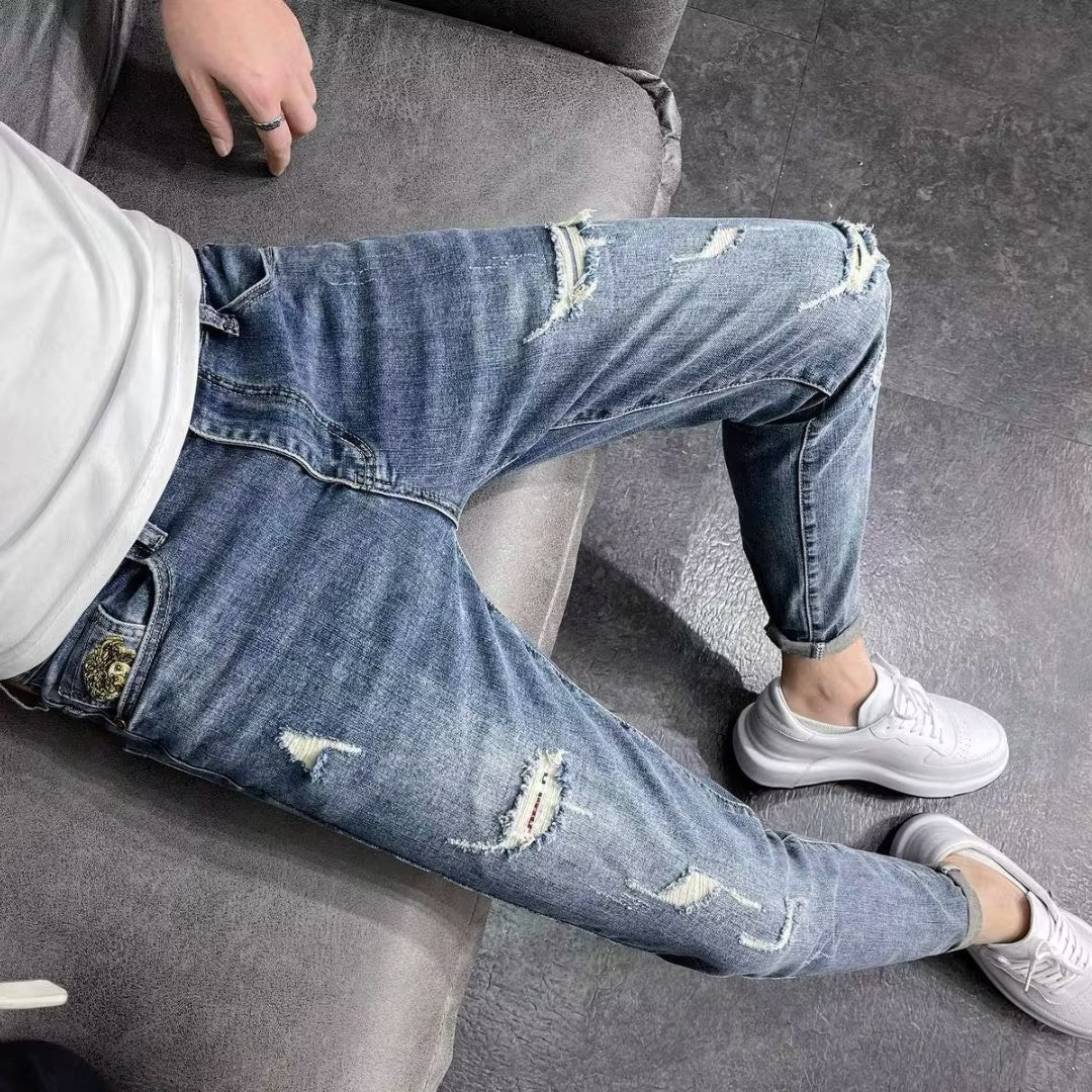 Schmale Herren-Jeans mit Rissen und hohem Bund – Dehnbare Passform, ideal für Frühling und Herbst