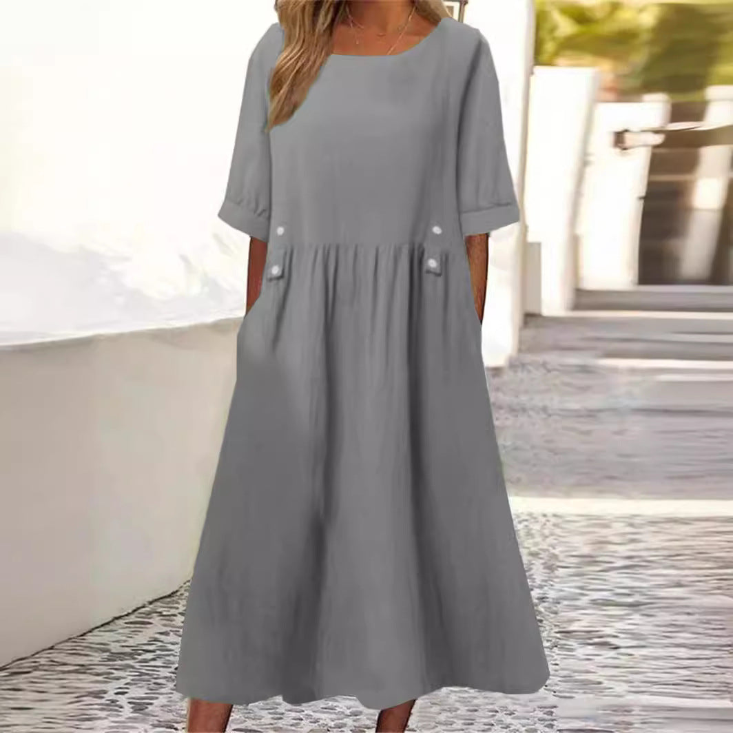 Baumwoll-Leinen-Mix Sommerkleid, Midilänge, Rundhalsausschnitt, Atmungsaktiv - Ideal für Frühling und Sommer