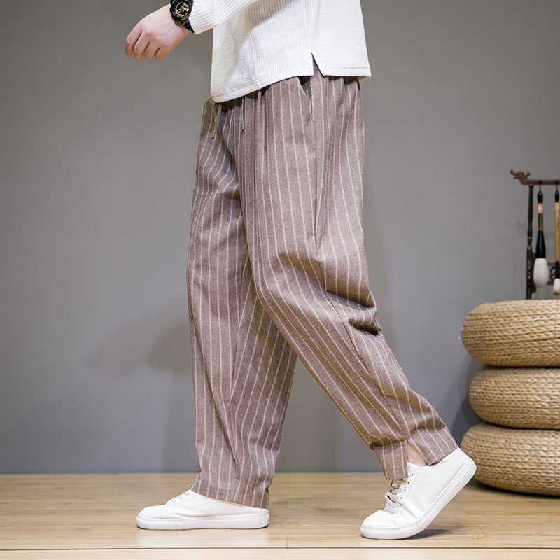 Herren Gestreifte Baumwoll-Leinenhose mit Kordelzug – Ideal für Frühling und Herbst