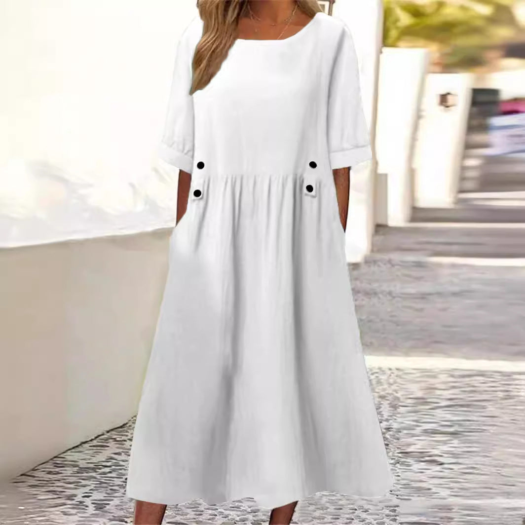 Baumwoll-Leinen-Mix Sommerkleid, Midilänge, Rundhalsausschnitt, Atmungsaktiv - Ideal für Frühling und Sommer