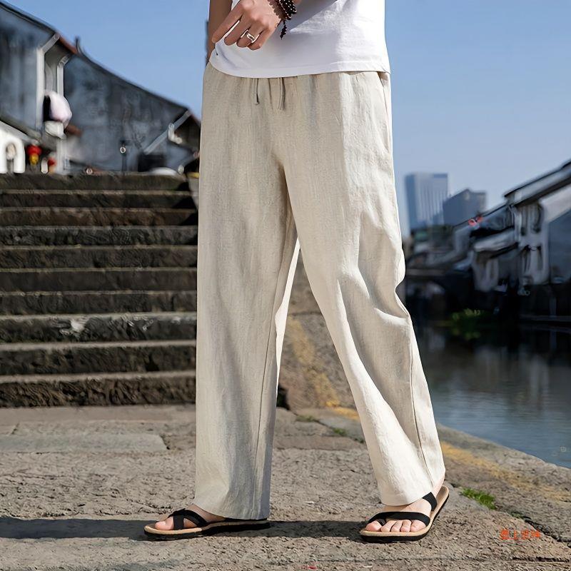 Herren Weite Baumwoll-Leinen Gerade-Hose – Ideal für den Frühling