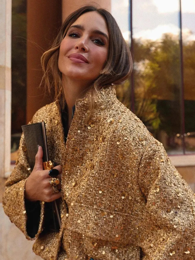 Pailletten-Bomberjacke mit elastischer Taille und Rippstrickbündchen | Ideal für besondere Anlässe