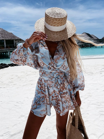 Blumenmuster Overall mit Gürtel – Leichtes Sommer-Outdoor-Outfit - ideal für Sommer