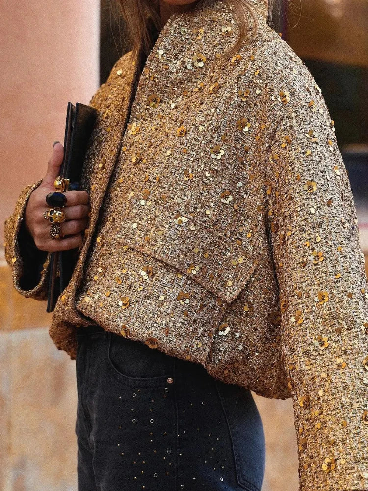 Pailletten-Bomberjacke mit elastischer Taille und Rippstrickbündchen | Ideal für besondere Anlässe