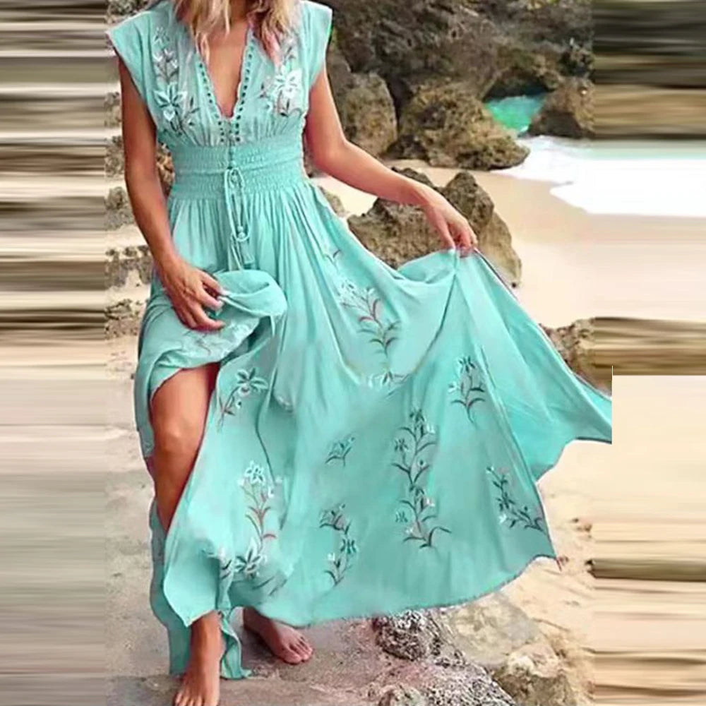 Blumiges V-Ausschnitt Midikleid mit Fliegenden Ärmeln – Ideal für Sommer