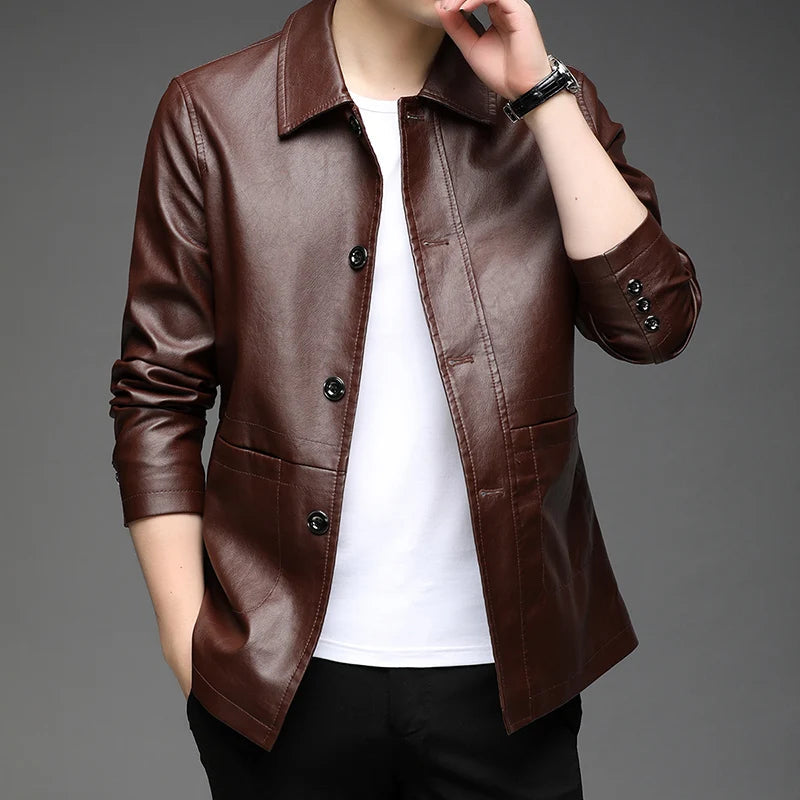 Herren Slim Fit Kunstlederjacke mit Hemdkragen & Knopfleiste – Ideal für Herbst & Winter