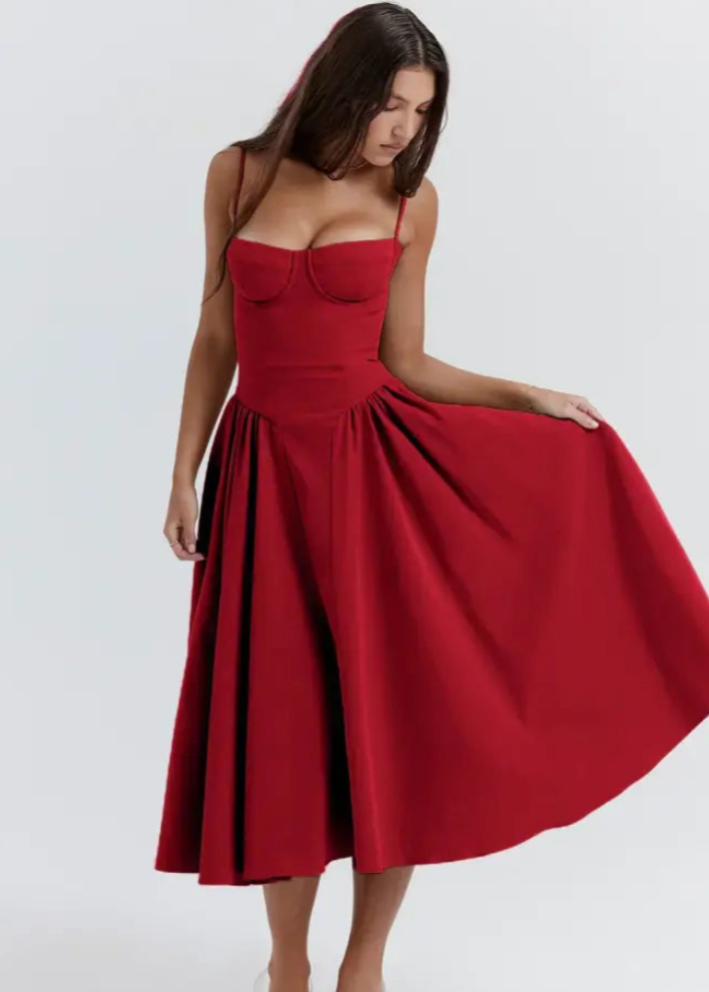 Schulterfreies Midikleid mit fließendem Stoff | Perfekt für Frühling & Sommer