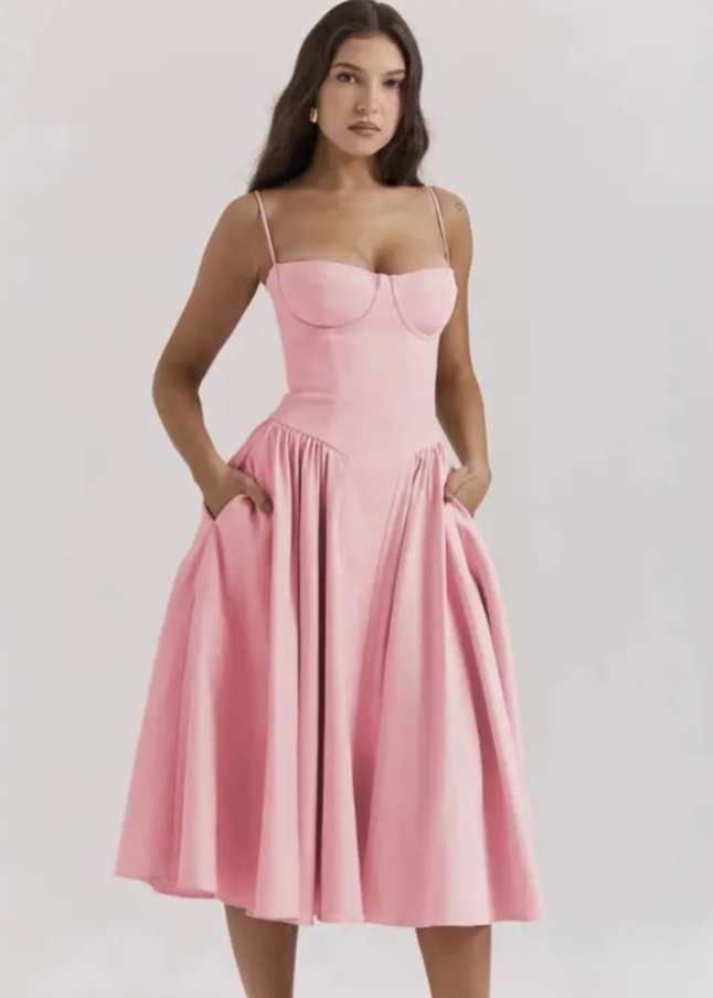 Schulterfreies Midikleid mit fließendem Stoff | Perfekt für Frühling & Sommer