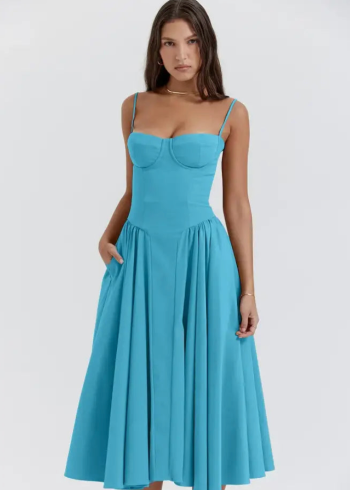 Schulterfreies Midikleid mit fließendem Stoff | Perfekt für Frühling & Sommer