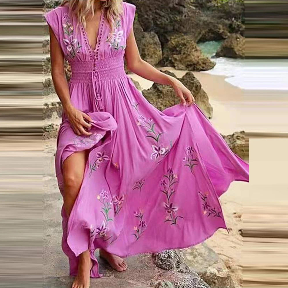 Blumiges V-Ausschnitt Midikleid mit Fliegenden Ärmeln – Ideal für Sommer