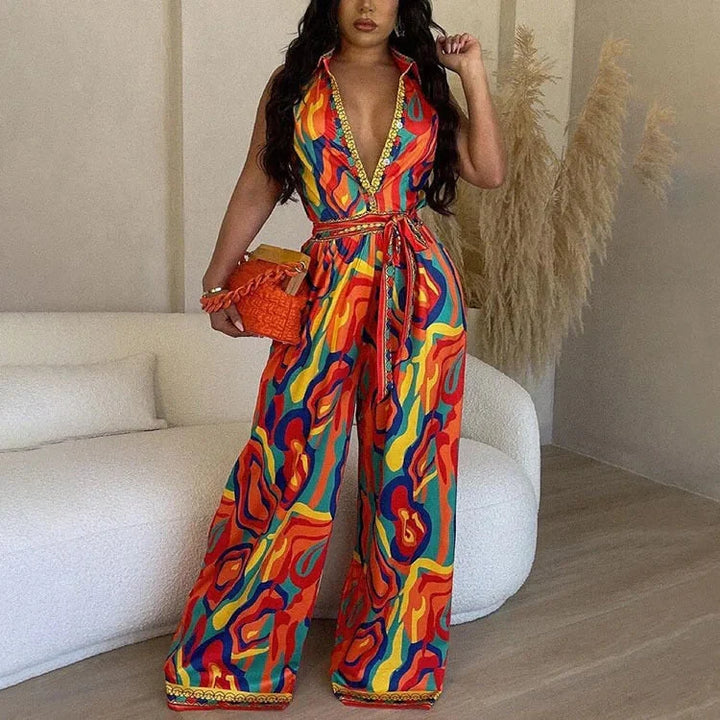Eleganter farbenfroher Jumpsuit mit Gürtel und Kragen I ideal für Frühling/Sommer