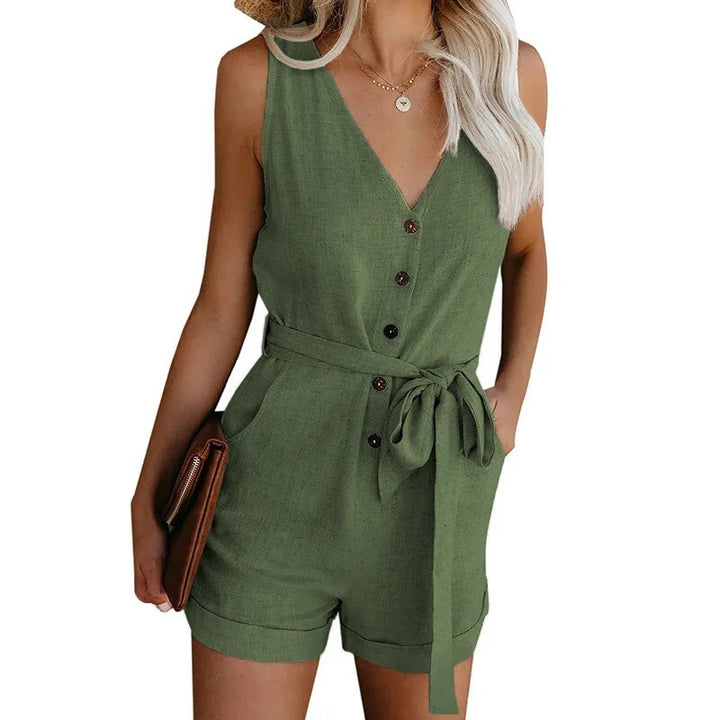 Sleeveless Jumpsuit mit Wickelgürtel und V-Ausschnitt – Ideal für Herbst