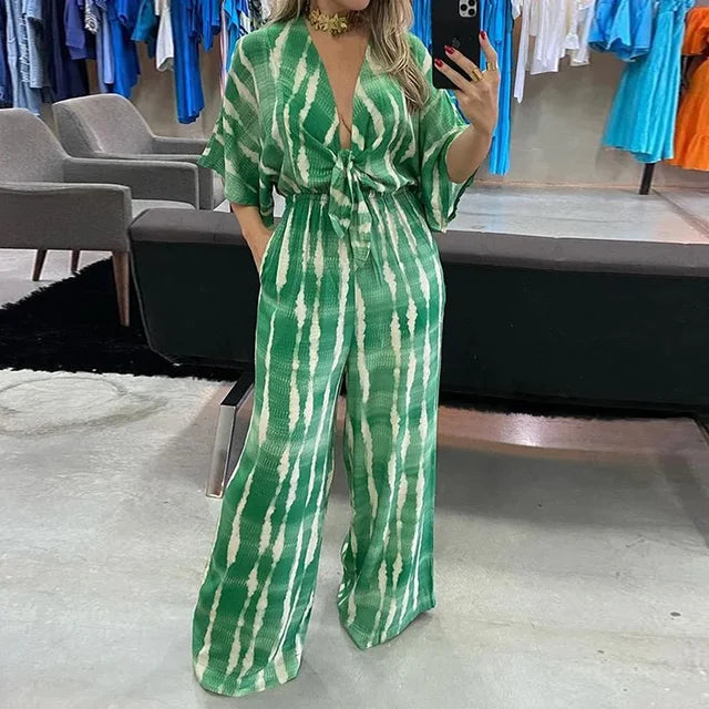Weiter Bein-Jumpsuit mit V-Ausschnitt und Dolman-Ärmeln | ideal für Frühling/Sommer