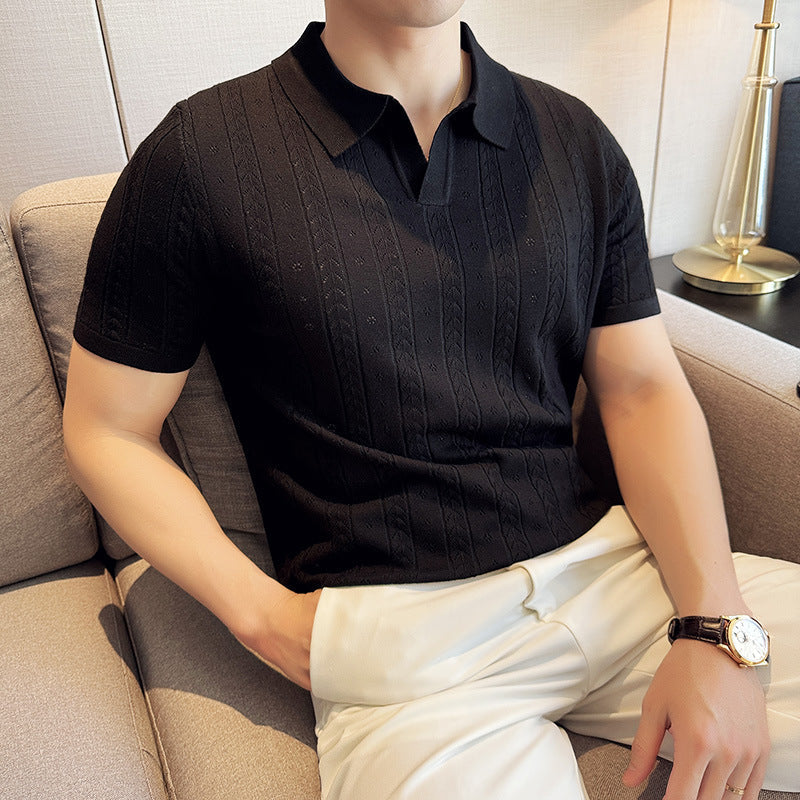 Gestreiftes Jacquard-Strick-V-Ausschnitt-T-Shirt – Perfekt für den Sommer
