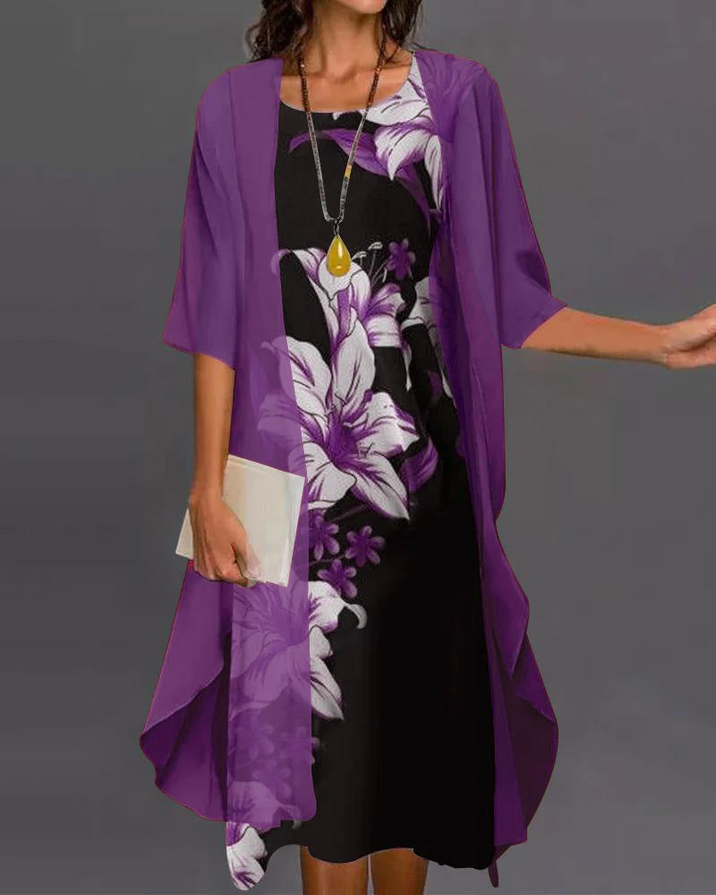 Zweiteiliges Blumenprint-Kleid mit asymmetrischem Saum & halblangen Ärmeln | Perfekt für Frühling & Sommer