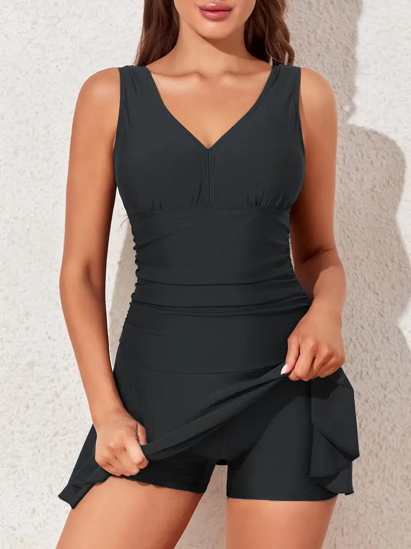 Einteiliger Badeanzug mit Bauchkontrolle und integrierten Shorts