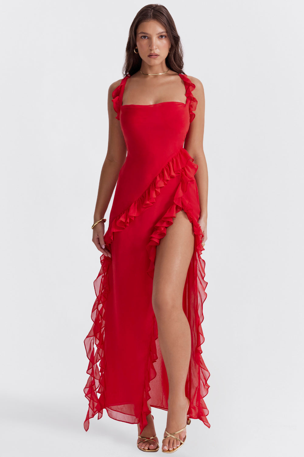 Langes Rüschenkleid mit Frontschlitz | Ideal für Frühling und Sommer