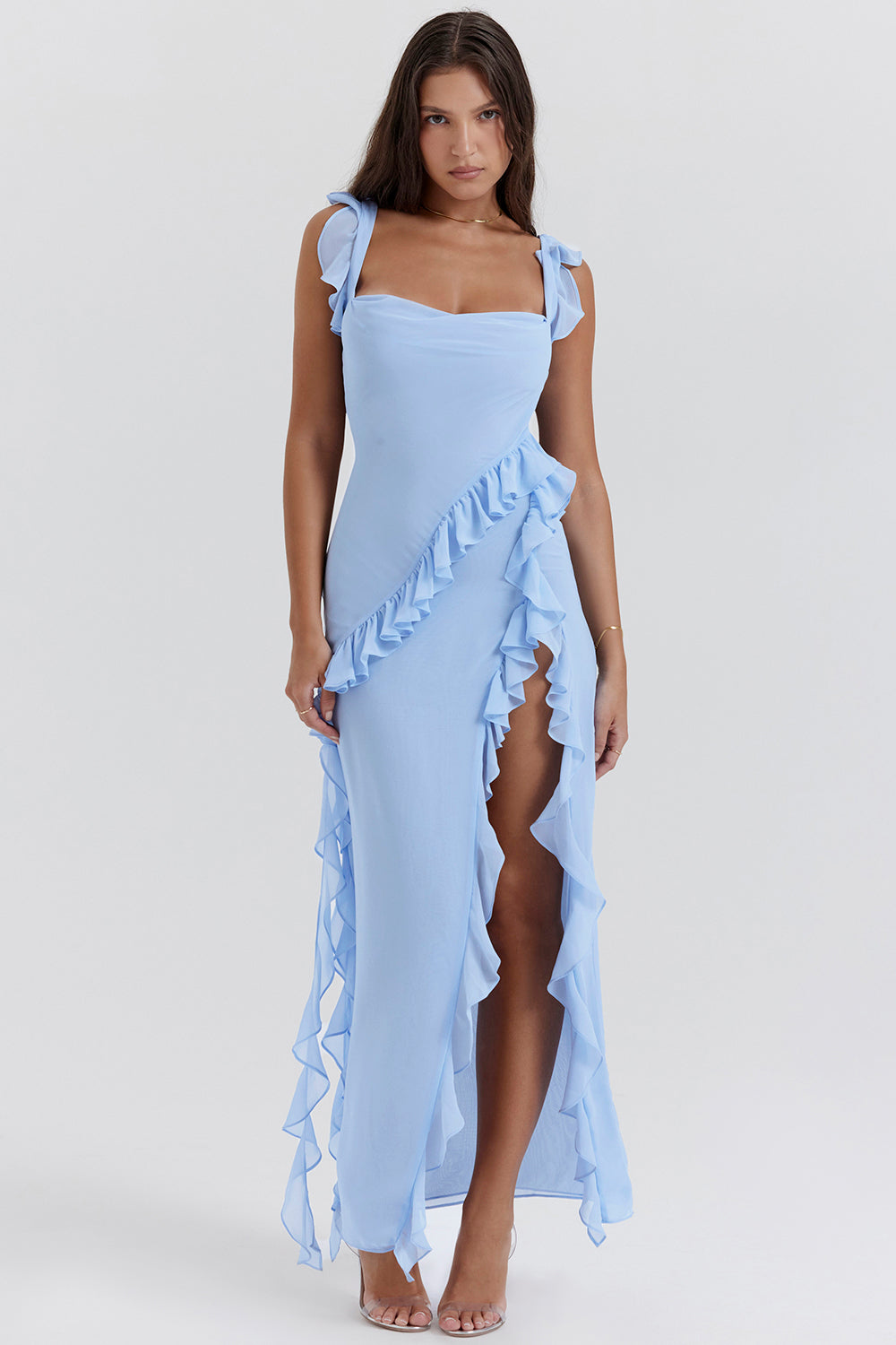 Langes Rüschenkleid mit Frontschlitz | Ideal für Frühling und Sommer