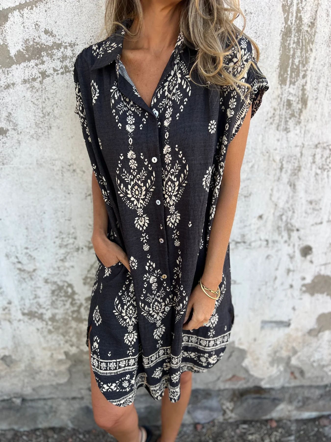 Bedrucktes Baumwoll-Leinen-Kleid mit kurzen Ärmeln & Taschen | Perfekt für Frühling & Sommer