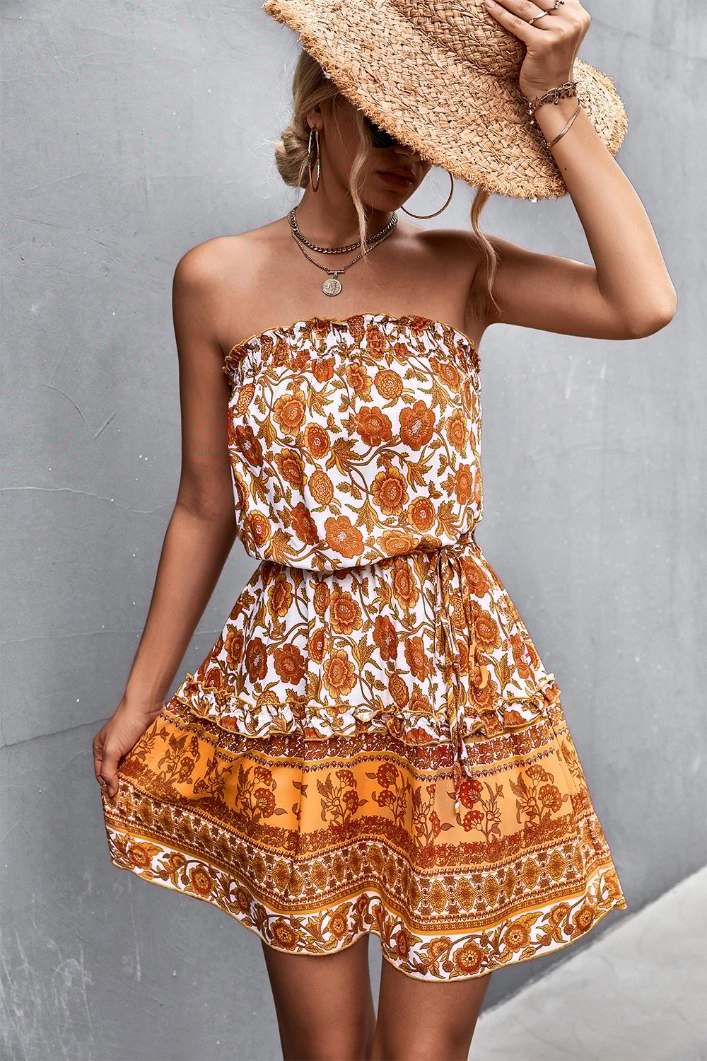 Schulterfreies A-Linien-Kleid mit Blumenmuster und hoher Taille | Ideal für den Sommer