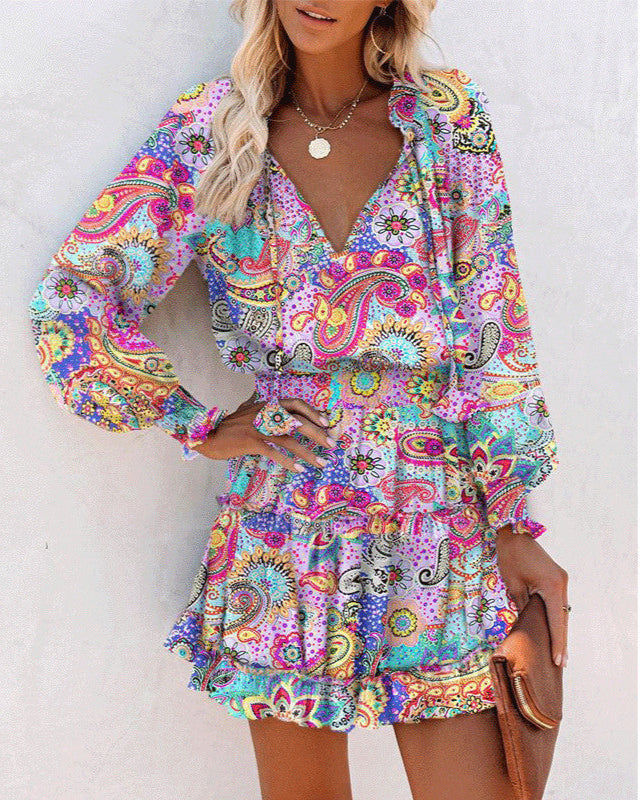 Kleid mit Blumenmuster, Patchwork und Puffärmeln, Tailliert mit Langarm | Ideal für Frühling und Herbst
