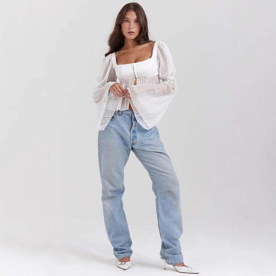 Damen Chiffon Oberteil mit transparenten langen Ärmeln und eckigem Ausschnitt | Perfekt für Frühling und Sommer