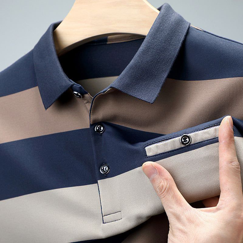 Herren Colorblock Gestreiftes Langarm-Lapel-T-Shirt – Ideal für Frühling und Herbst