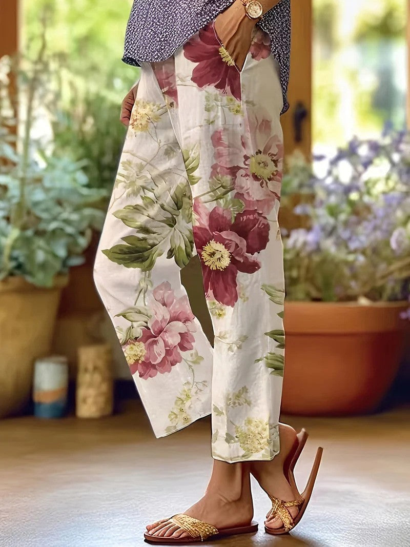Geblümte Sommerhose mit elastischem Bund und weitem Bein | Ideal für den Sommer